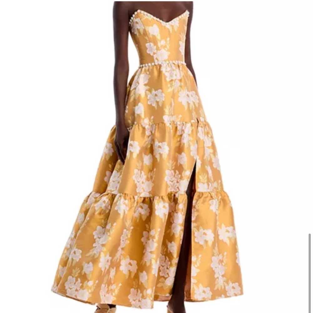 V. Chapman Corset Strapless Mustard Yellow Floral Dress with Pearl Trim - Sz 6
